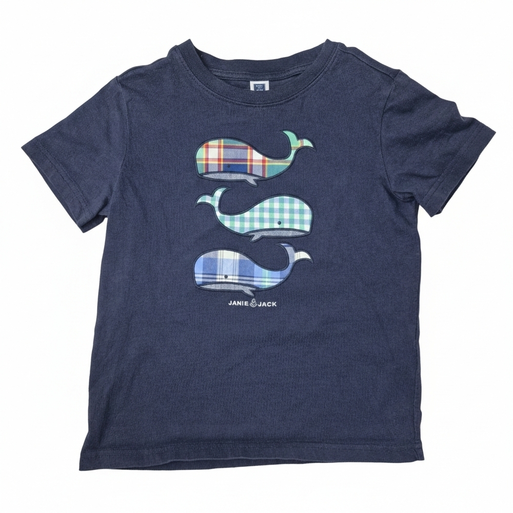 Janie and Jack Navy Plaid Whale Embroidered Graphic Nautical Tee - Size 5